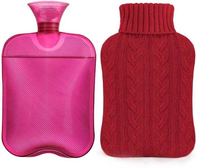 samply Hot Water Bottle with Knitted Cover, 2L Hot Water Bag for Hot and Cold Compress, Hand Feet Warmer, Ideal for Menstrual Cramps, Neck and Shoulder,Red