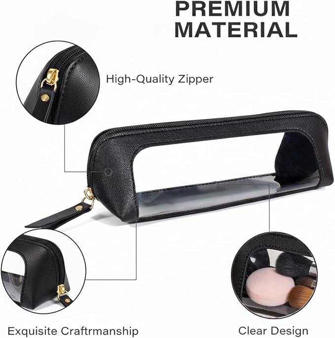 LETGO Small Clear Makeup Bag, PU Leather Travel Makeup Brush Case Portable Transparent Waterproof Cosmetic Organizer Pouch with Zipper for Women Home Travel Office Cosmetic Storage (Chic Black)