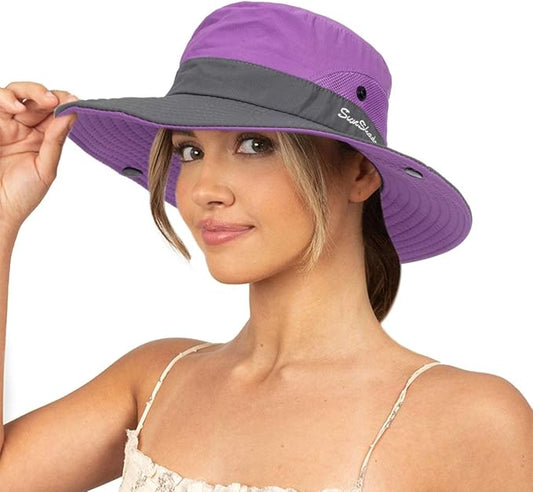 Sun Hat for Women Summer UV Protection Beach Hat Wide Brim Mesh Bucket Fishing Hat with Ponytail Hole Foldable Packable Hat