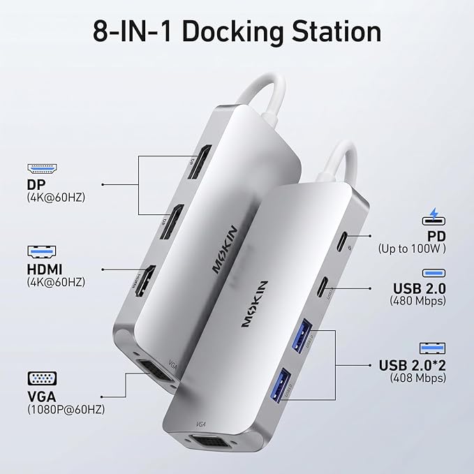 USB C Docking Station Dual DisplayPort, 8 in 1 USB Hub with 2 DP, HDMI, VGA, USB C 2.0, A 2.0, PD Charging Port, Multi Monitor Adapter for Dell/HP Laptops, Silver
