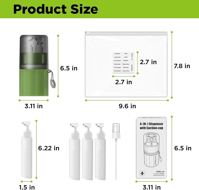 4 in 1 Travel Dispenser Bottle, TSA Approved Refillable Shampoo and Conditioner Bottles Set with Suction Cup for Smooth Walls, Travel Size Toiletries Container for Body Wash/Lotion.(Green)