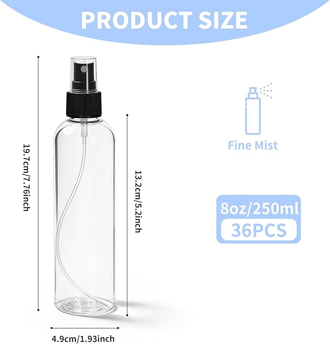 36 Pack Clear Plastic Spray Bottles 8 oz Spray Bottle Fine Mist Cleaning Spray Bottles Transparent 8 oz Empty Sprays Bottle Bulk for Travel, Essential Oils (Black,Clear)