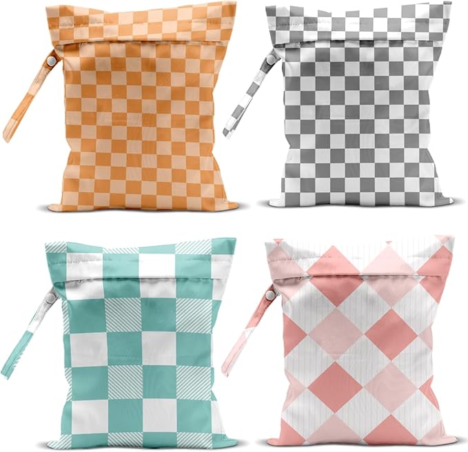 Wet Bag, 4Pcs Wet Dry Bag Set, Reusable Waterproof Bags with Vibrant Plaid for Women, Versatile for Beach, Pool, Weekend Travel & Daily Essentials Keeping