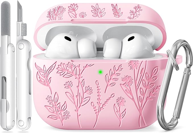 Ekoonpft for Airpods Pro 3 Case, Flower Engraved Cases for Apple AirPods Pro 3rd Generation 2025, Soft Silicone Cover for Men Women Girly with Cleaning Kit & Keychain, Anti-Scratch, Shockproof