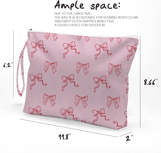 Fokongna Floral Print Wet Bag, Small Portable Waterproof Multi-Functional Organizer for Women, Pink with Red Bows,Ideal for Daily, Beach & Travel,