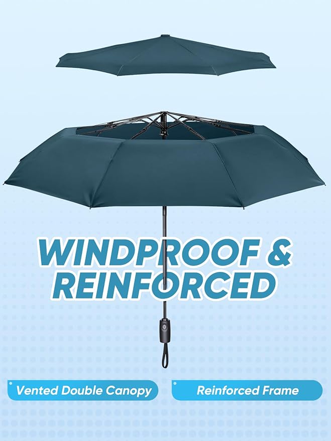 PTEROMY Windproof Travel Umbrellas for Rain and Sun, Withstands 85MPH Winds Auto Open Close Folding Umbrella with Ergonomic Handle, Quick Dry Canopy for Commuting or Backpack