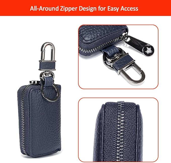 Leather Car Key Case with Zipper, Compact Smart Key Fob Holder with Keychain, Portable Car Key Organizer Pouch