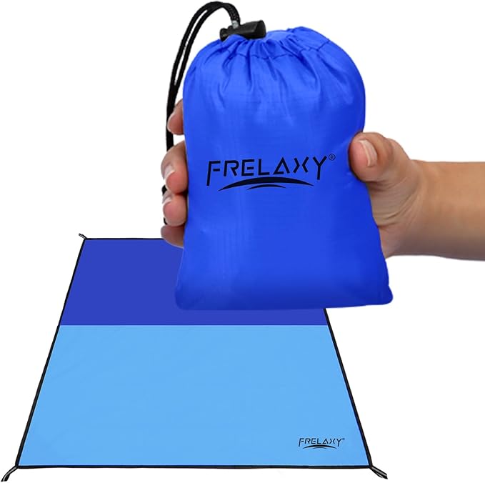 Frelaxy Pocket Picnic Blanket, Waterproof Sandproof Beach Mat, Compact Camping Tarp for Festivals, Hiking, Travel, Outdoor Recreation (Navy & Blue, 57'' x 71'')