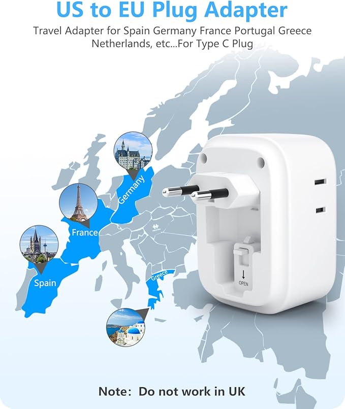 LENCENT 3 Pack European Travel Plug Adapter,US to Europe Type-C Foldable Power Plug with 4 Outlets 4 USB Ports (2 USB C), International Power Adapter for USA to EU Euro Iceland Spain Italy France