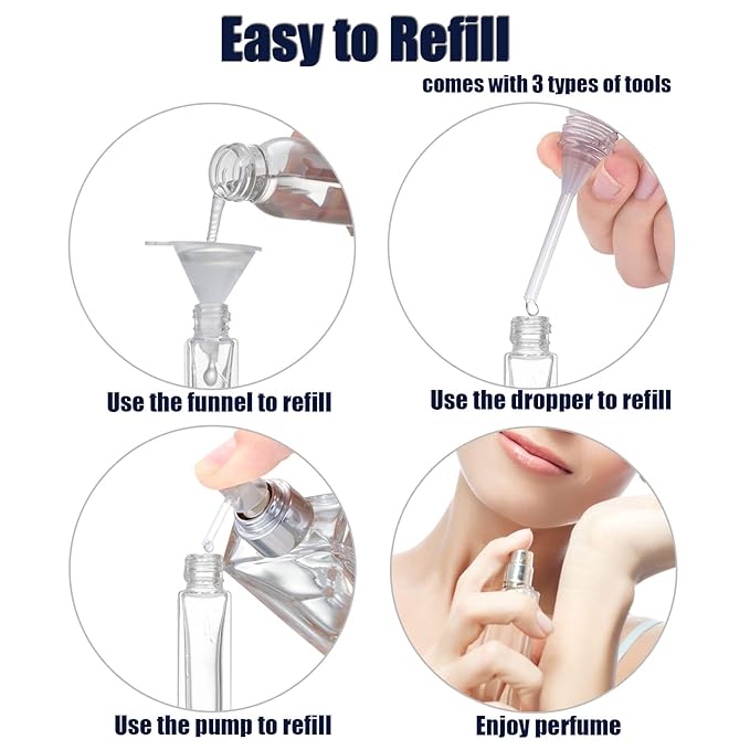 Lil Ray 10ml Perfume Atomizer for Men & Women. Refillable Glass Spray Bottle. Portable Fragrance Bottle for Travel,Party (6PCS,Silver)