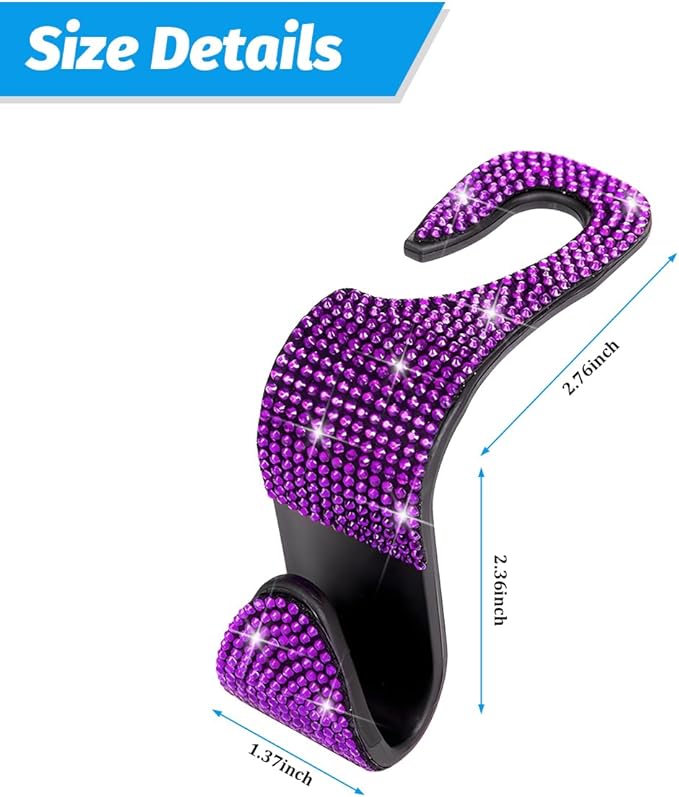 Zpana 4PCS Bling Car Seat Headrest Hooks, Vehicle Back Seat Purse Handbag Hanging Holder with Crystal Rhinestone, Diamond Storage Organizer Hook, Universal Automotive Accessories (Purple)