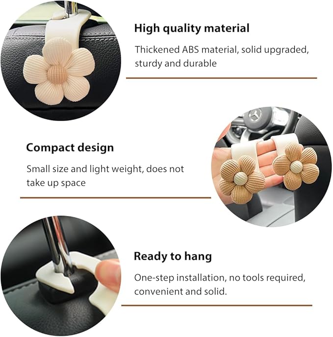 4 PCS Car Seat Headrest Hooks, Cute Flower Car Seat Back Organizer Bag Holder Hooks, Automotive Seat Hook Hanger Storage Organizer for Purse Cloth Grocery Bags, Car Accessories (White)