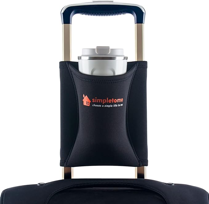 simpletome Luggage Cup Holder Hands-Free Travel Drink Caddy Bag Attachment Simple Style Elastic Materials Easy to Install and Remove(Black)