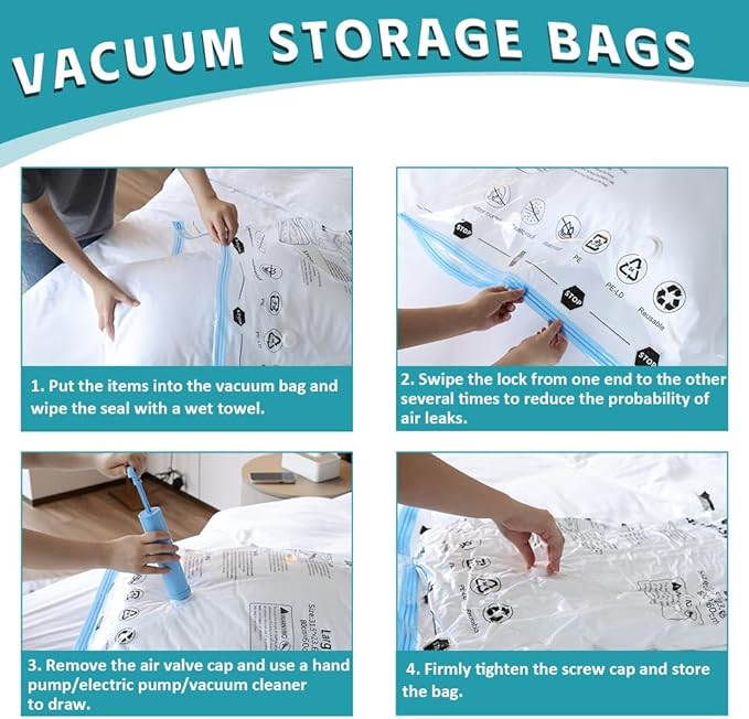 6 Pack Vacuum Storage Bags, Vacuum Seal Bags for Clothing, Comforters, Blankets, Space Saver Compression Bags with Hand Pump (2Jumbo, 2Large, 2Medium)