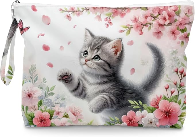 Fokongna Cute Print Wet Bag, Small Portable Waterproof Multi-Functional Organizer for Women, Pink Cherry Blossom Cat, Ideal for Daily, Beach & Travel