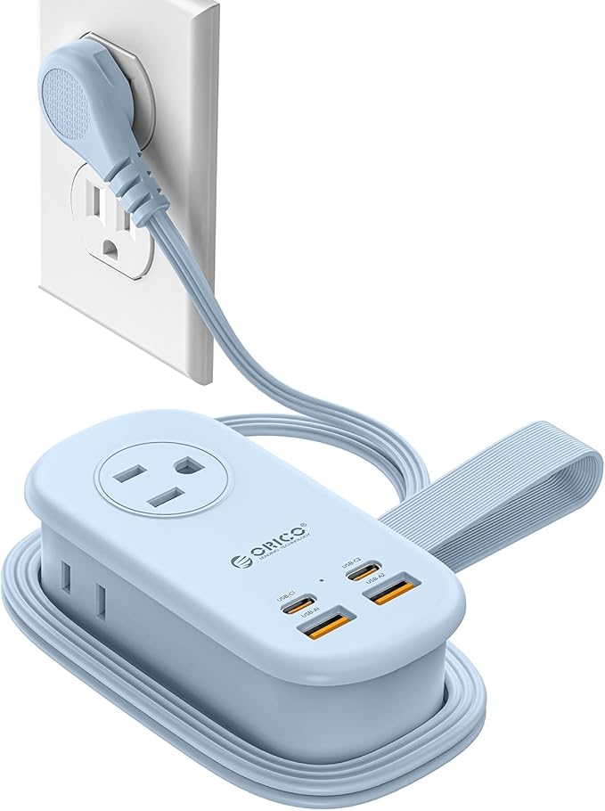ORICO 65W GaN Travel Power Strip with 7-in-1 Charging Ports (3 AC Outlets/2 USB-A/2 USB-C), Flat Plug and 4FT Extension Cord, Fast Charger for MacBook Pro/Air, iPad Pro, iPhone 17/16/15- AP3