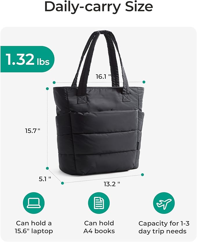 BAGSMART Tote Bag for Women, Lightweight Puffy Tote Bag with Compartments Shoulder Bag Handbag for Travel, Work, Gym | Lightweight