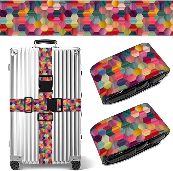 Colorful Luggage Straps 2 Pack – Geometric Hexagon Pattern Suitcase Belts with Quick-Release Buckle, Spring Summer Travel Accessories