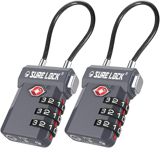 SURE LOCK TSA Approved Luggage Locks with Open Alert Indicator, 3 Digit Combination Cable Travel Lock for Suitcase, Backpack, Gym Locker, Toolbox, Carry On & Travel Bag