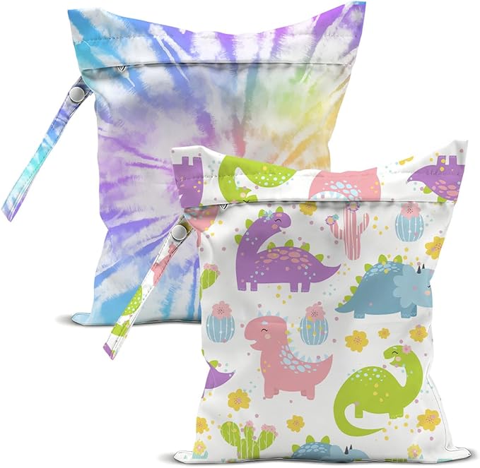 2-Pack Reusable Waterproof Wet Bags, Rainbow Tie Dye Colorful Pattern Wet Dry Bag, Portable Storage Bag for Swimwear Baby Garments