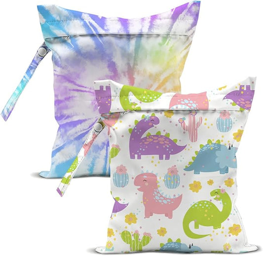 2-Pack Reusable Waterproof Wet Bags, Rainbow Tie Dye Colorful Pattern Wet Dry Bag, Portable Storage Bag for Swimwear Baby Garments