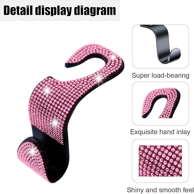 LAINLOY 4PCS Bling Car Headrest Hook, Crystal Rhinestone Back Seat Purse Holder, Car Seat Hanger Storage for Bag, Grocery, Handbag, Universal Interior Accessories for SUV Car Truck (Pink)
