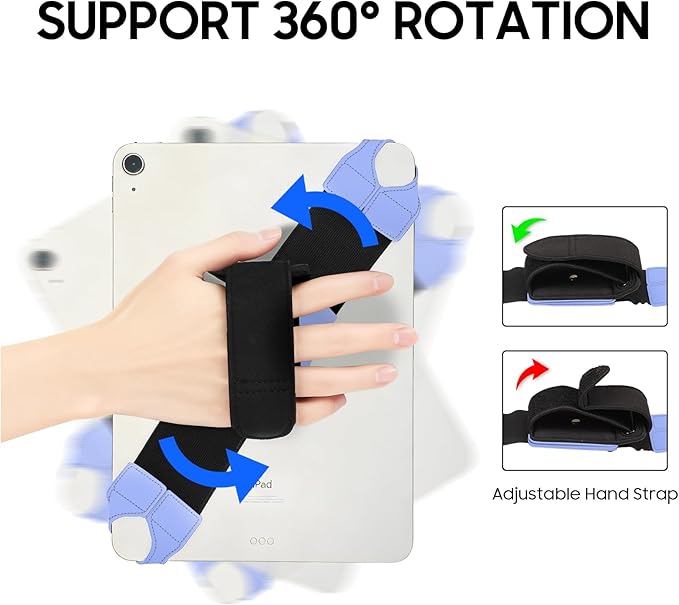 FINTIE Universal Tablet Hand Strap Holder for 9-11 Inch Tablets eReaders, 360 Degrees Swivel PU Leather Secure Portable Adjustable Handle Grip for iPad, Galaxy Tab and 9-11" Tablets (Blue)