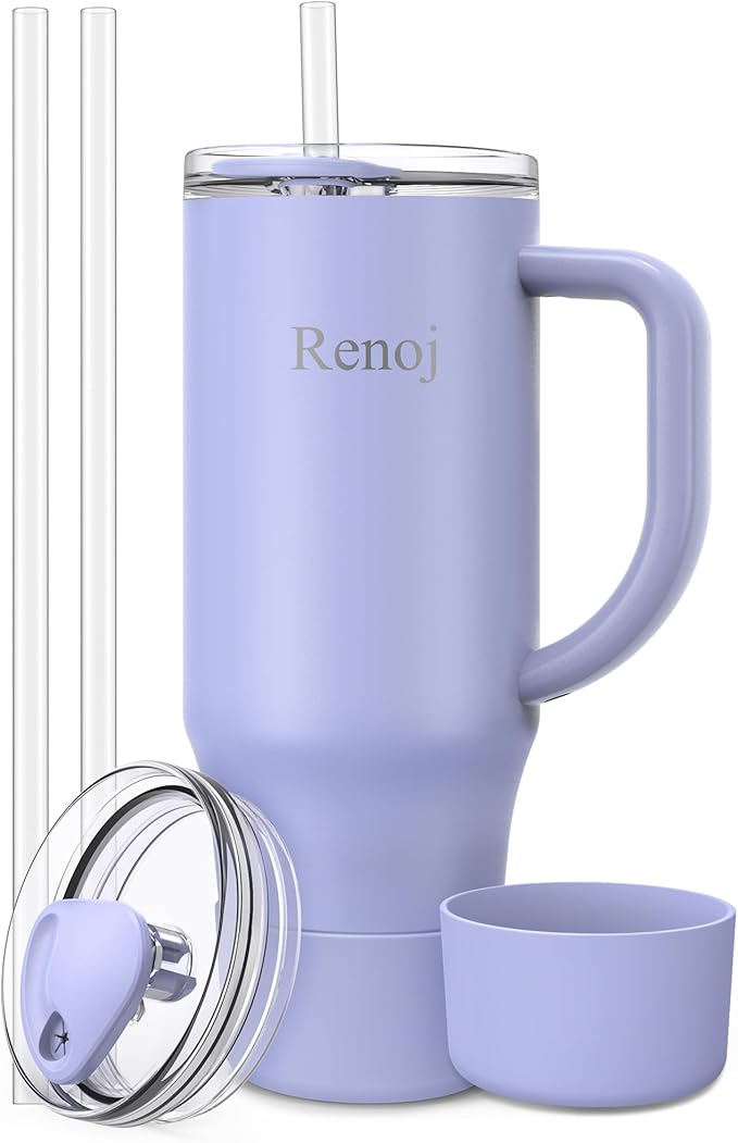 Renoj Insulated Mug 100% Spill Resistant Insulated Water Bottle for Iced Coffee & Hot Drinks - Fits Car Cup Holder, Ideal Gift, 2 Straws & Silicone Boot - FlexSlide Blue 32 oz