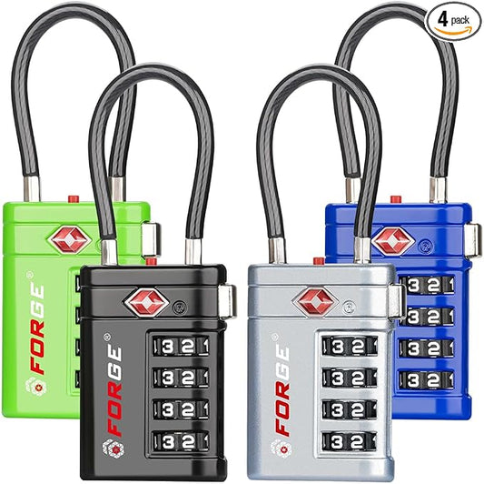 Forge TSA Approved Luggage Locks 4 Digit Combination TSA Travel Locks with TSA008, Open Alert Indicator, Zinc Alloy Body for Luggage, Suitcase, Backpack, and More. 4 Color 4 Locks.