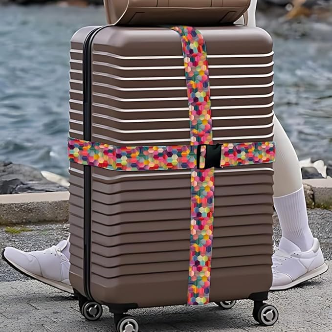 Colorful Luggage Straps 2 Pack – Geometric Hexagon Pattern Suitcase Belts with Quick-Release Buckle, Spring Summer Travel Accessories