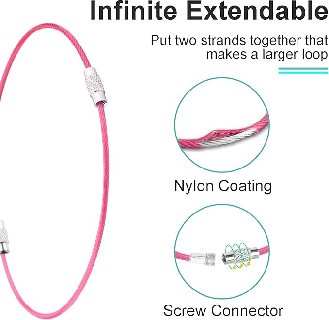CooBigo 12 Pack Stainless Steel Loops 2mm Coated Wire Keychain Cable Large Key Rings 6 inch Key Chain for Women, Luggage Tags, Key Tags, Keyrings, Kitchen Utensils, Duster - Pink