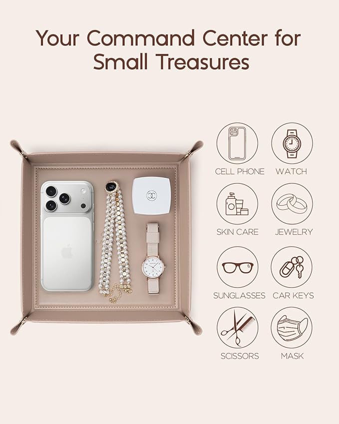 VLANDO Valet Tray Organizer, PU Leather Catchall Tray for Office | Warm PU leather desk tray for office, entryway and nightstand storage, keeping keys, phone, wallet and coins tidy