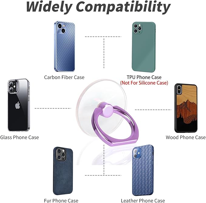2 Pack Jsoerpay Clear Phone Ring Holder, Transparent Cell Phone Ring Grip 360°Rotation Finger Ring Stand, Phone Kickstand Compatible with Most of Phones, Tablet and Case, Lavender