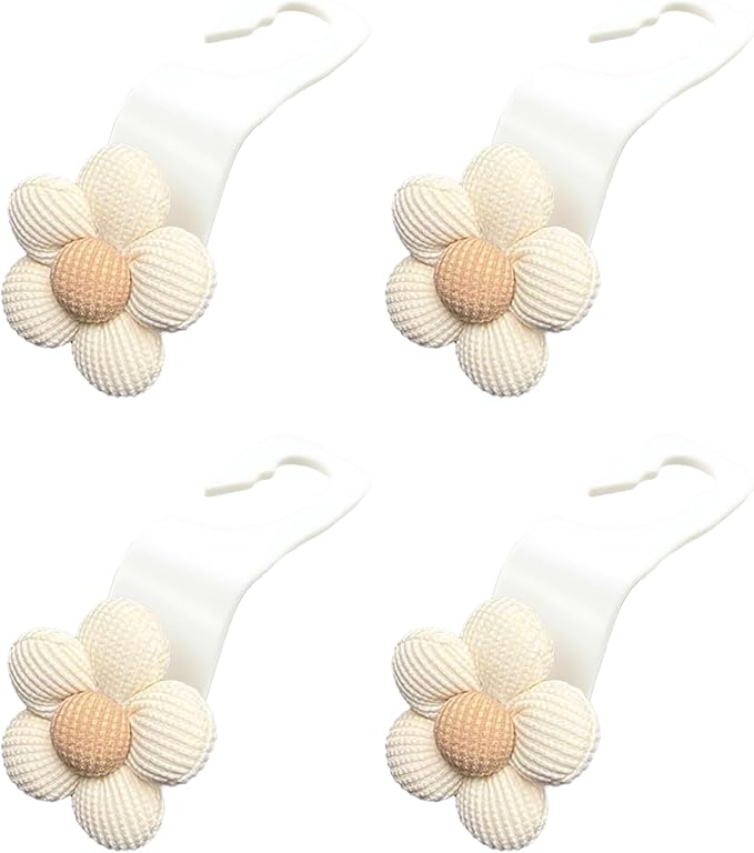 4PCS Car Headrest Hooks, Cute Flower Car Seat Organizer Hooks, Portable Seatback Organizer Hanger for Purses and Bags, Universal Automotive Accessories for SUV, Sedan, Truck (Beige/White)