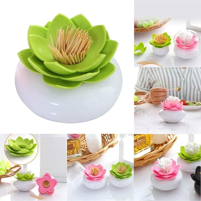 2-Pack Lotus Flowers Cotton Swab Holder, Small Q-Tips Toothpicks Storage Organizer,Bathroom Vanity Canister(Green+Pink)