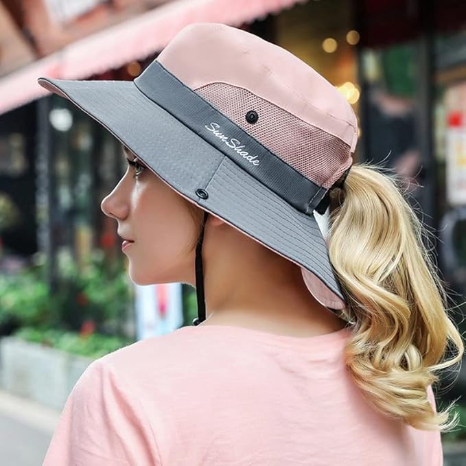 Womens Summer Sun-Hat Outdoor UV Protection Fishing Hat Wide Brim Foldable-Beach-Bucket-Hat with Ponytail-Hole