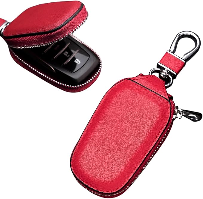 Yourkar Car Key Case, Genuine Leather Auto Key Fob Storage Bag, Key Chain Holder Key Ring Zipper Bag, Car Accessories (Red)