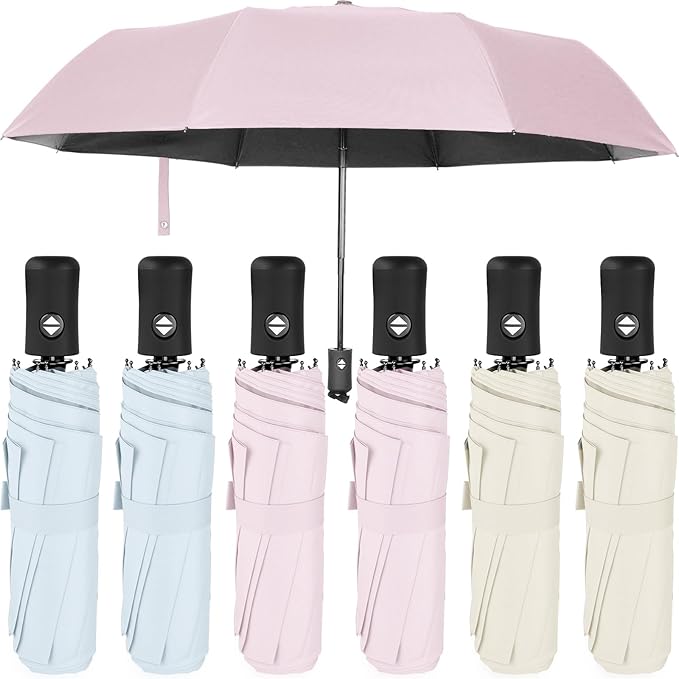 Jexine 6 Pcs Windproof Travel Umbrella for Rain Compact Small Automatic Lightweight Portable Umbrella for Men Women Backpack