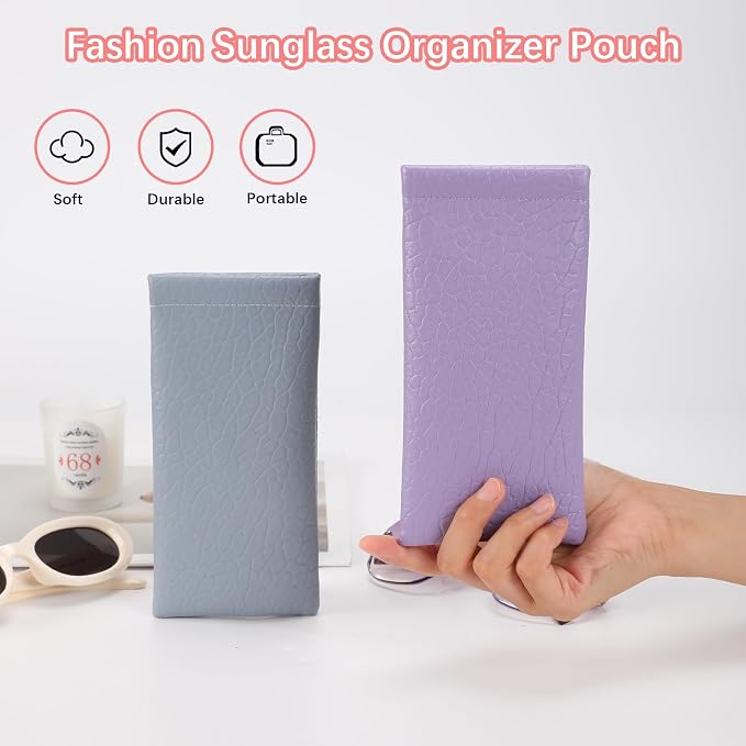 Squeeze Top Sunglass Pouch - Portable Sunglass Organizer Pouch Bags Soft PU Leather Glasses 2 Pack