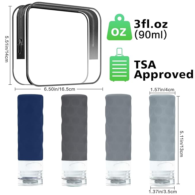 Silevoler Travel Bottles for Toiletries, 4pcs Tsa Approved 3oz Travel Size Containers, BPA Free Leak Proof Premium Silicone Bottles, Refillable Liquid Squeezable Accessories W/Toiletry Bag (Navy Blue)