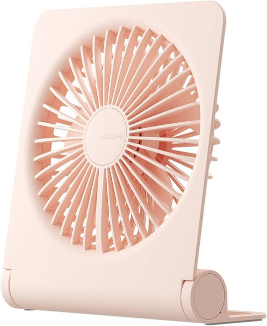 JISULIFE Small Desk Fan, Portable USB Rechargeable Fan, 160° Tilt Folding Personal Mini Fan with 4500mAh Battery, Strong Wind, Ultra Quiet, 4 Speed Modes for Office, Home, Camping - Pink