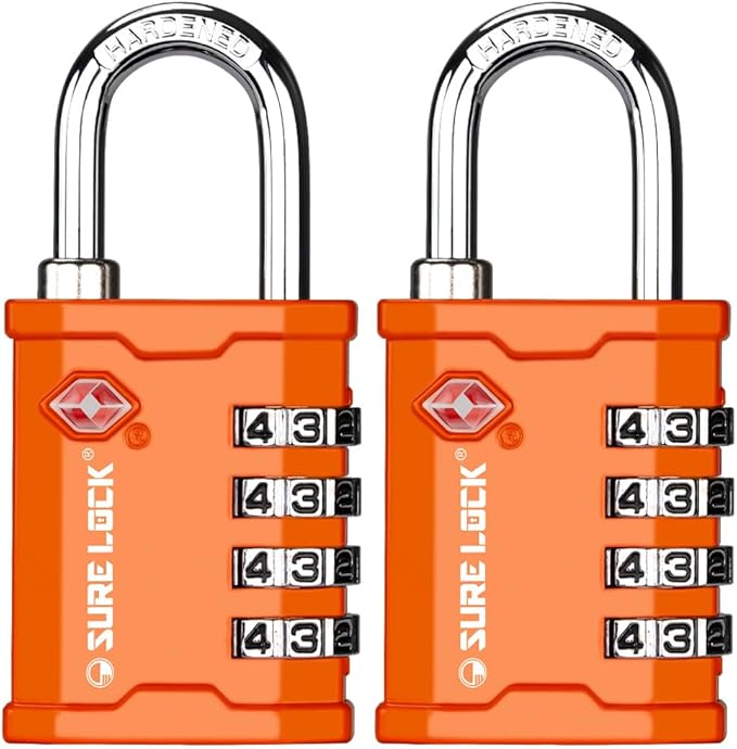 SURE LOCK TSA Approved 4 Digit Combination Lock, Heavy Duty Padlock with Red Dot Indicator for Gun Cases, Pelican Cases, Tool Boxes, Gym Lockers, Storage Units & Outdoor Gates (2, Orange)