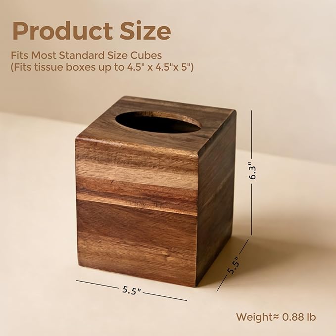 2 Pack Acacia Wood Tissue Box Cover, Square Tissue Box Holder with Slide-Out Bottom, Wooden Cube Tissue Covers Tissue Holders for Bathrooms Office Kitchen