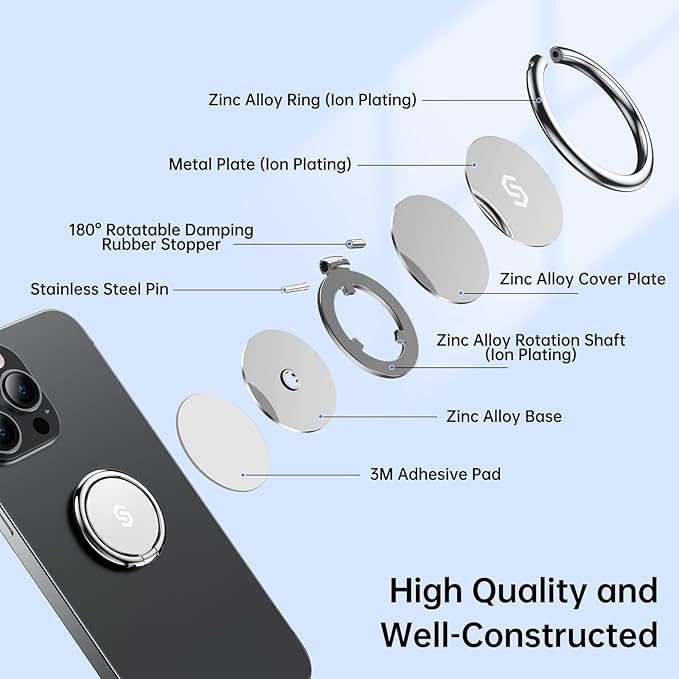 Syncwire Cell Phone Ring Holder Stand, 360 Degree Rotation Finger Ring Kickstand with Polished Metal Phone Grip for Magnetic Car Mount Compatible with iPhone, Samsung, LG, Sony - Silver