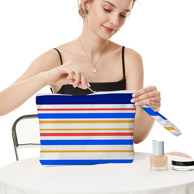 Fokongna Cute Print Wet Bag, Small Portable Waterproof Multi-Functional Organizer for Women, Navy Blue Primary Color Stripe, Ideal for Daily, Beach & Travel
