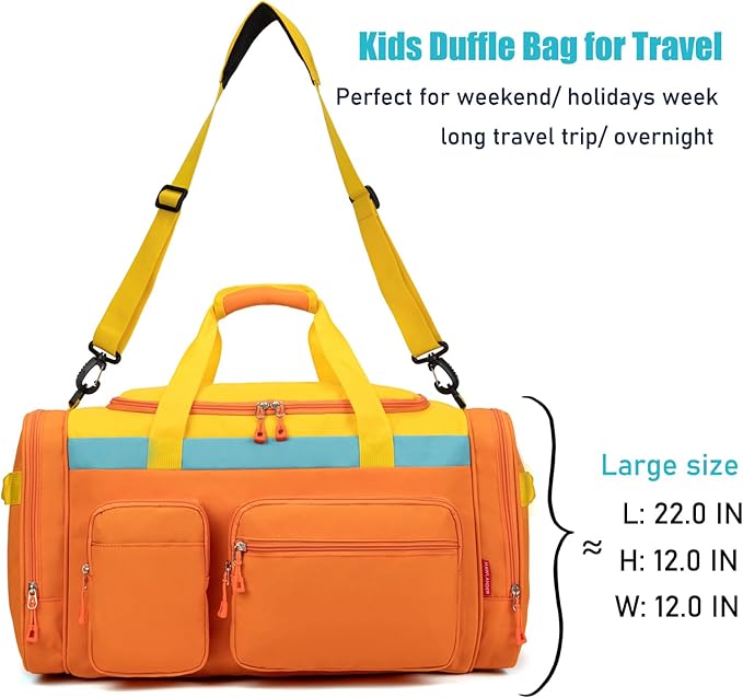 Large Kids Duffle Bag for Travel, Overnight, or Weekender, 22" inch (Orange)