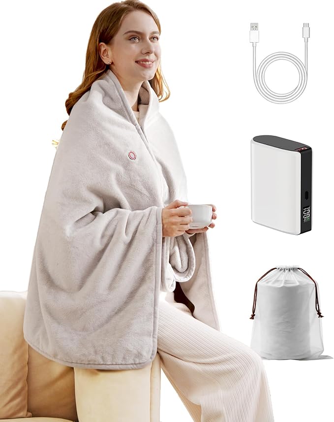 Cordless Heated Blanket with Battery Pack - Rechargeable Heated Shawl & Portable Heated Throw,Far-Infrared Heating,Wearable Blanket for Office,Travel,Car & Outdoor, Gift for People Who Are Always Cold