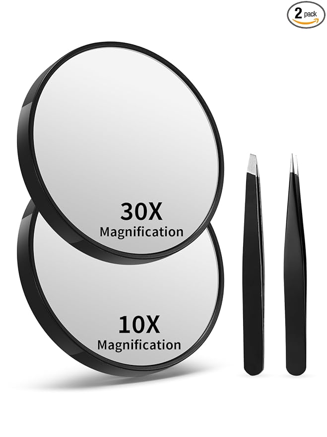 Macaki 10X&30X Magnifying Mirrors with Suction Cups and 2 Tweezers Set，3.5 inches Magnified Makeup Mirror, Black, 2PCS