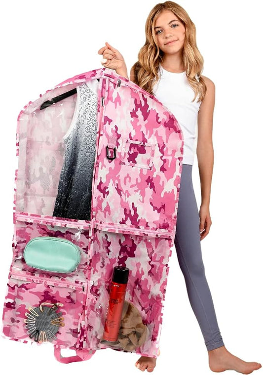 Waterproof Hanging Garment Bag 40 inch Clothes Bag with Gusset, 2 Pack, 5 Pockets & Side Zip for Dance Costumes, Cheer, Skating, Theatre, Beauty Pageants & More by Kendall Country, Camo Pink