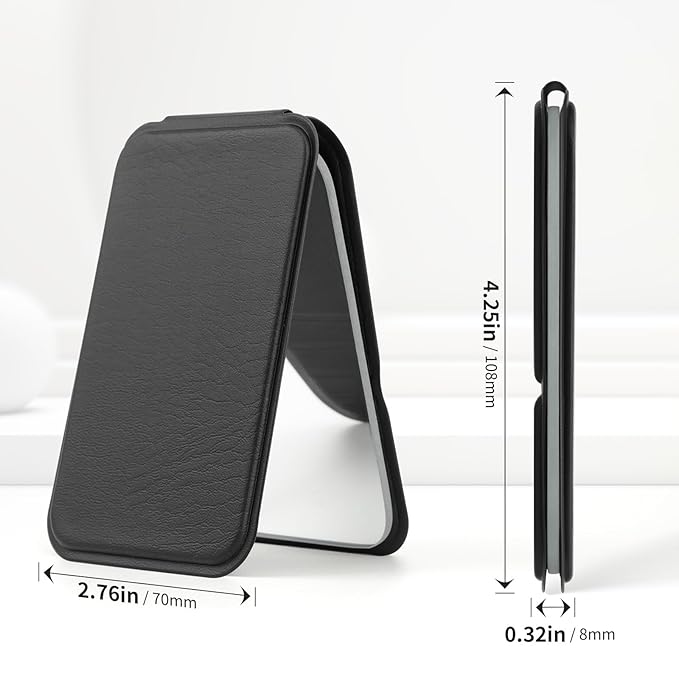 DUcare Mini Folding Mirror Pocket Portable Travel PU Portable Adjustable Rectangular Ultrathin Vanity Mirror with Stand, for Travel, Camping,Home
